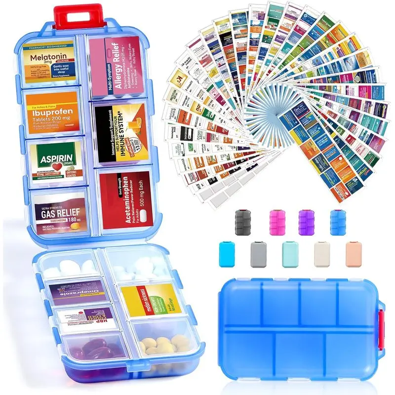 14-Grid Travel Pill Organizer Box with 415 Medicine Name Labels, Portable Pocket Storage Case for Vitamins, Fish Oil, Supplements, Capsules & Daily Travel, Clear Blue