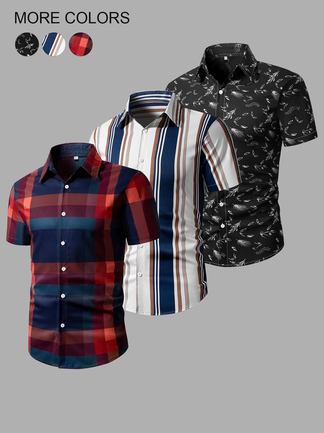 Men's Random Plaid Print Short Sleeve Shirt, Casual Party Shirt, Casual Regular Fit Button Collared Top for Summer, Men's Clothes for Daily Wear