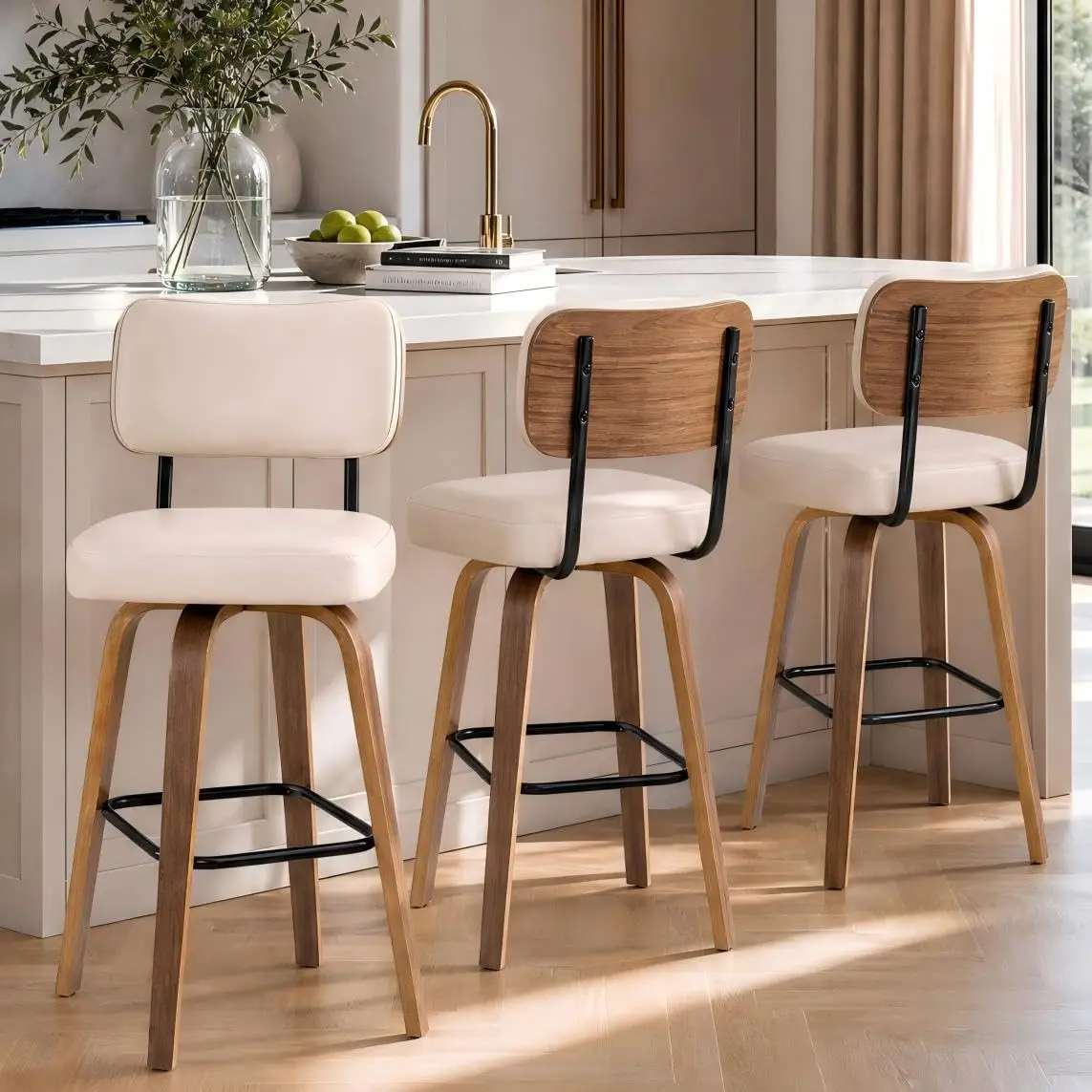 Modern Swivel Bar Stools Set of 3 – Counter Height Chairs with Backrest – 26" Faux Leather Upholstery – Bentwood Legs – Ideal for Kitchen Island or Home Bar
