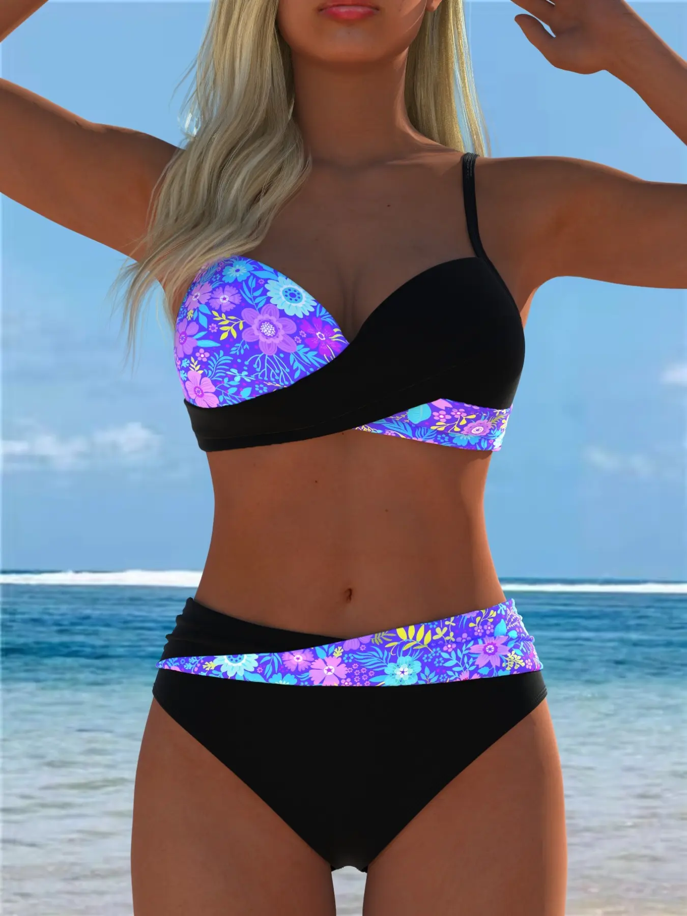 Women's Thin Strap Cross-Over Push-Up Two-Piece Bikini Set Swimsuit, High-Waisted Tummy Control Design, Beach Vacation Swimwear