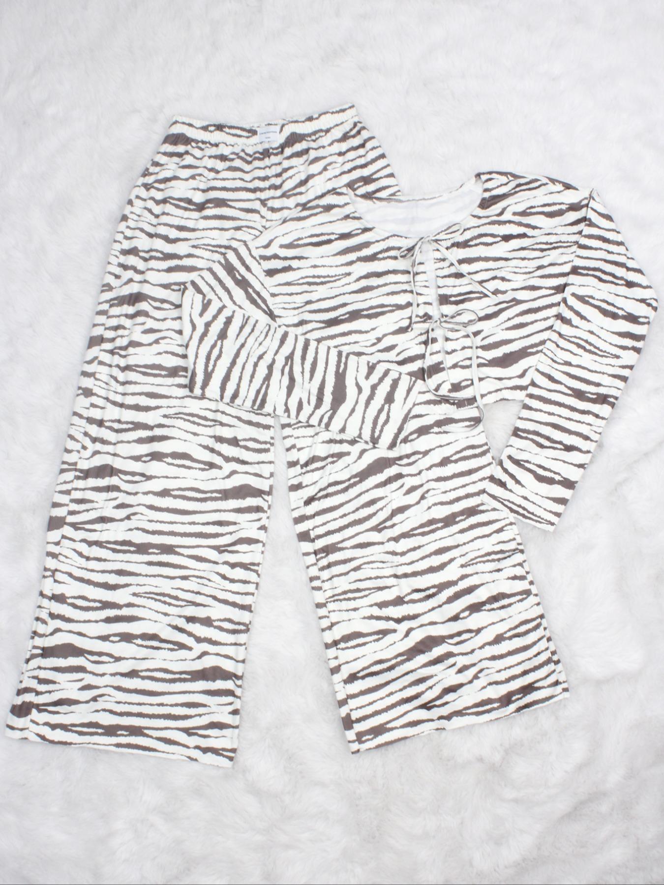 Two-Piece Set Women's Zebra Stripe Print Tie Front Crop Top & Elastic Waist Wide Leg Pants Pyjama, Casual Comfy Drop Shoulder Long Sleeve Top & Trousers PJ Set, Women's Sleepwear for Fall