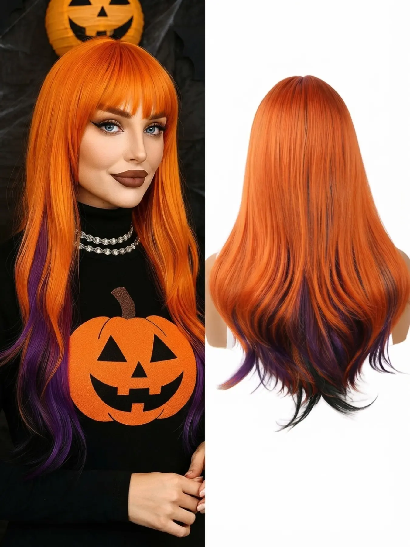 Halloween Cosplay Anime Kpop Long Wavy Vibrant Orange Wig with Bangs Purple Black Ombre Dip-Dye Heat Resistant Synthetic Wigs for Women Girls Spooky Season Party Costume Festival Carnival Fancy Dress Up Two-Tone Peekaboo Highlighted Hair