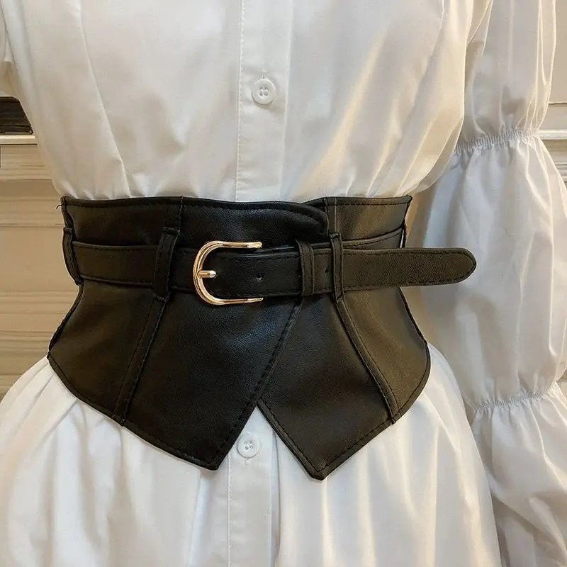 Women's Wide Waist Belt, Black Corset Style Belt With Gold Buckle, Fashion Waist Cincher Accessory For Dresses, Shirts And Blazers, Elegant Outfit Decoration For Women
