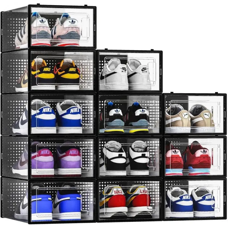 12 Pack Clear Shoe Storage Bins, Stackable Plastic Shoe Organizer Boxes with Black Frame for Closet, Sneakers, Entryway & Space Saving Storage
