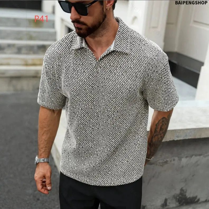 Men's Plaid Short-Sleeve Polo Shirt - Textured Polyester Menswear Top, Casual Streetwear with Color-Block Collar, Tops, Shortsleeve, Checked, American
