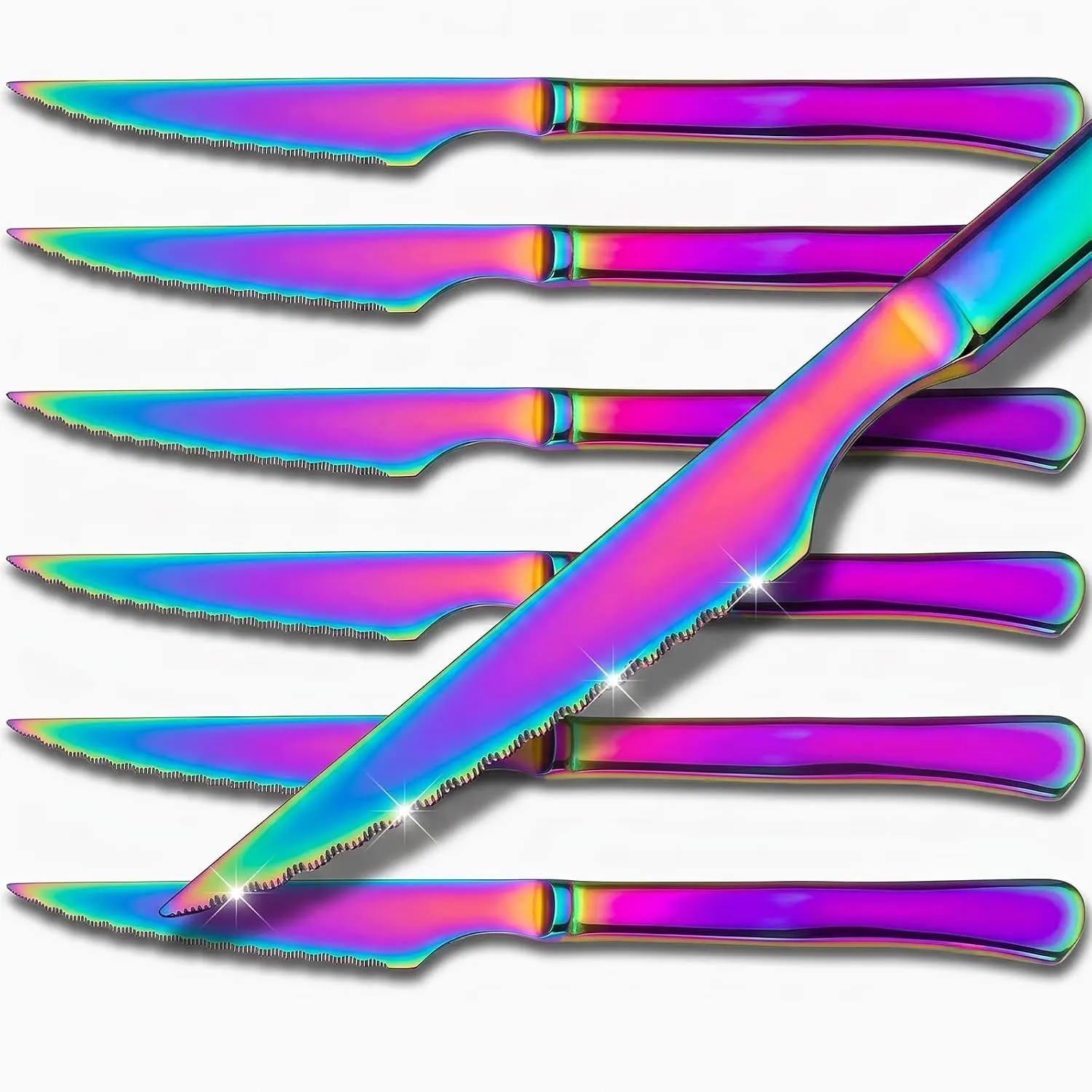 6 Pack Rainbow Stainless Steel Steak , Iridescent Serrated  Dinner Cutlery  Set for