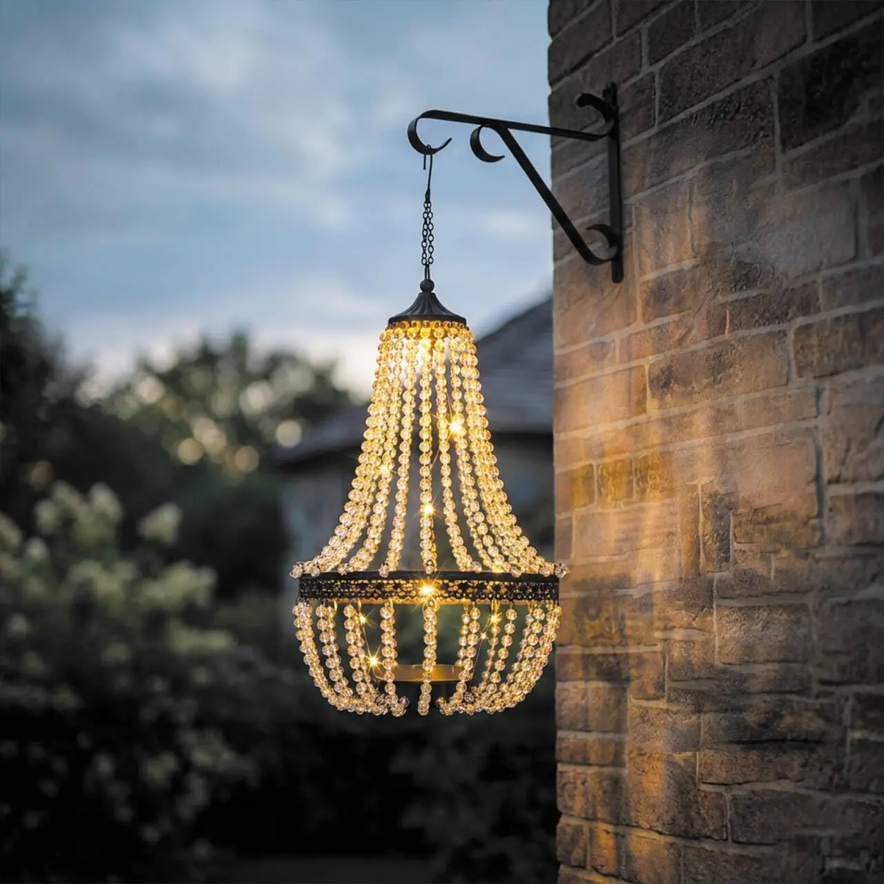 28" Hanging Solar Chandelier Outdoor Lantern |   Classic Design, 30 Leds Lights, Hand -Maded Acrylic Beaded Chandelier with Hooks, Garden Yard Patio Gazebo Decorations