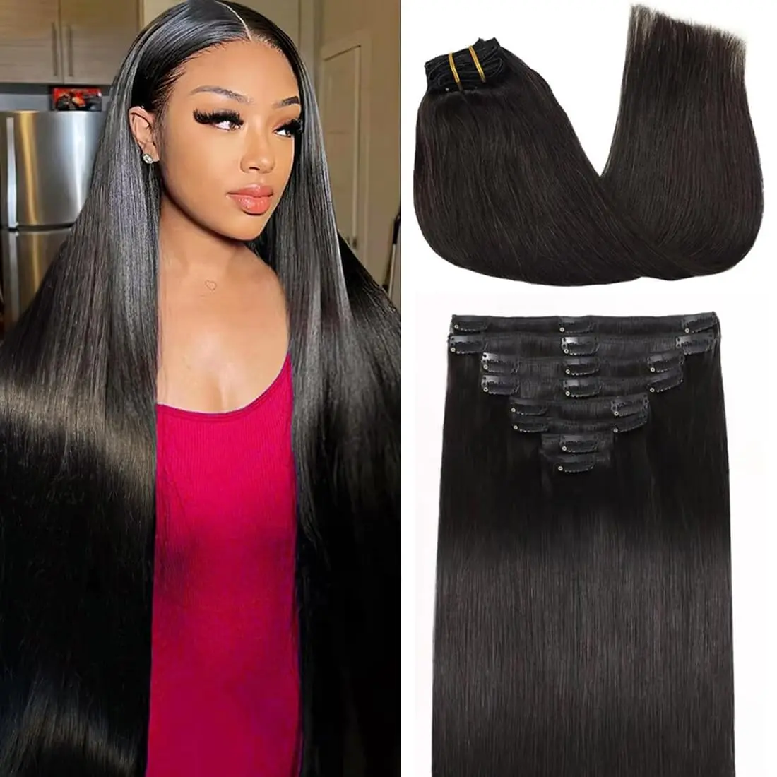Clip in Hair Extensions Real Human Hair Straight 16Inch Hair Extensions Clip ins for Women Remy Human Hair 90g 8 count  Black