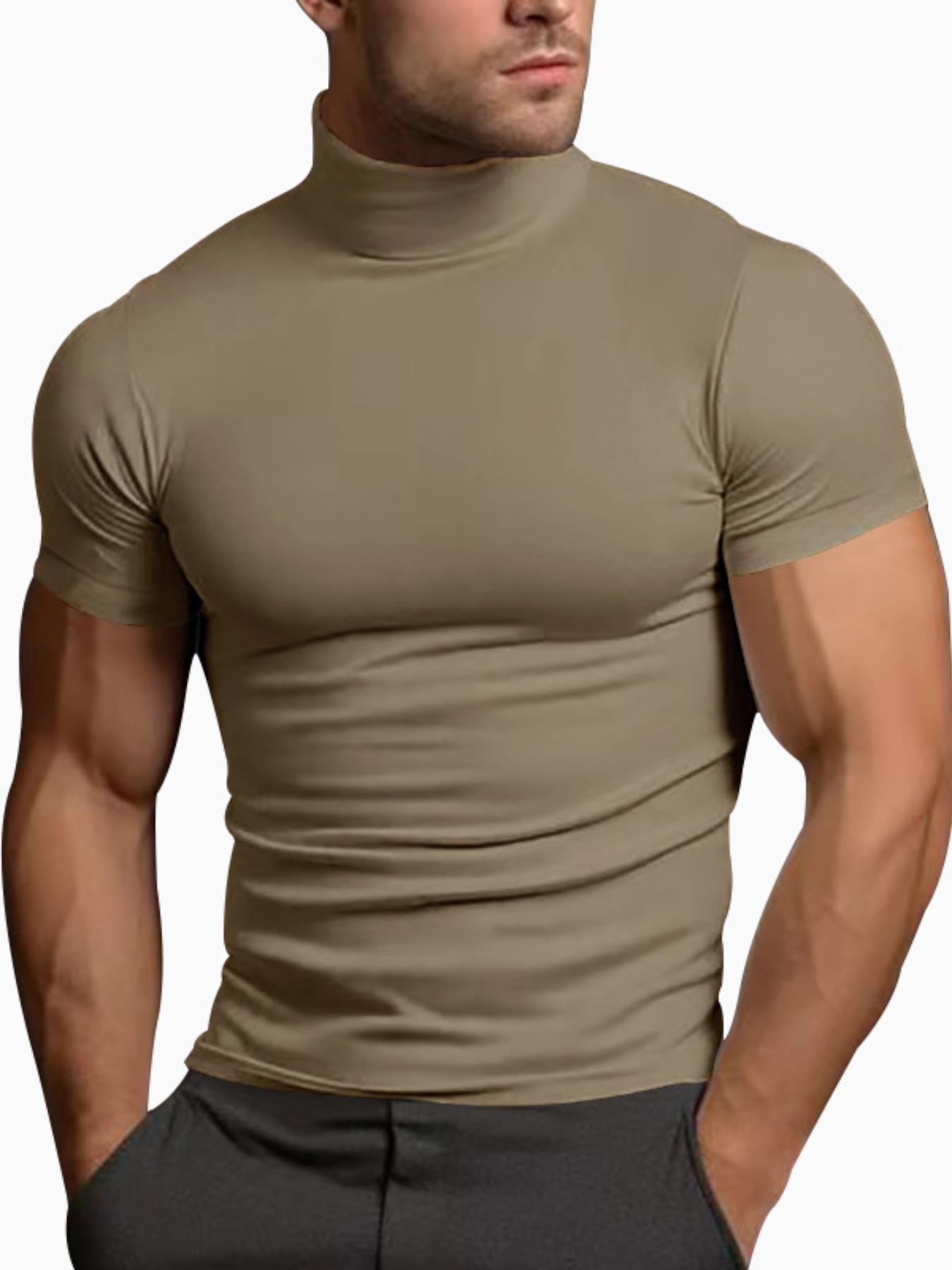 Men's Solid Color Turtleneck Tee, Casual Comfy Short Sleeve T-shirt for Summer, Men's Top for Daily Wear, Tropical, Menswear