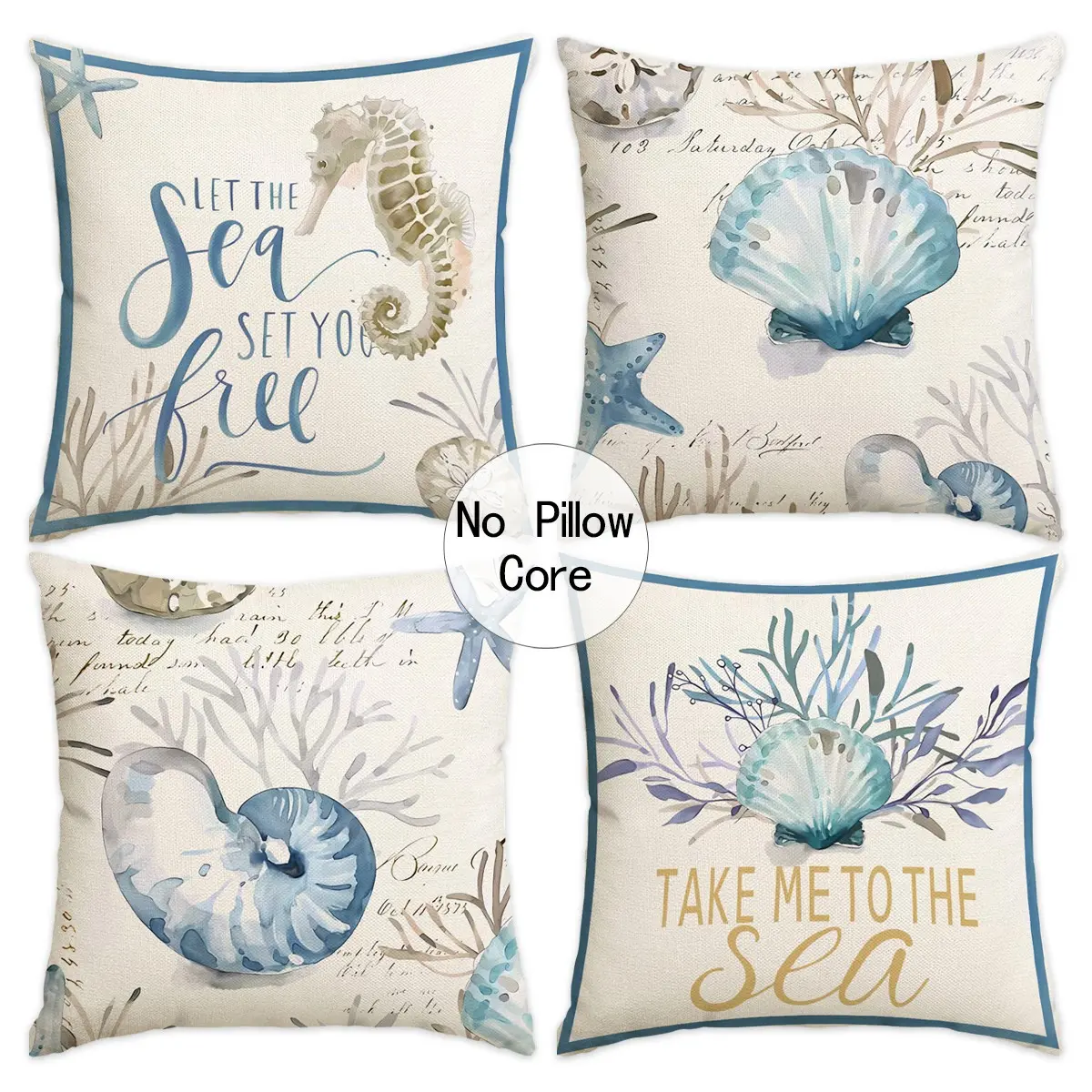 4pcs Marine Organism Pillow Cover, Seahorse, Conch Printed Pillow Cover, Sea Star, Shell Pillow Cover, Home Decoration Sofa Cushion Cover, Living Room Sofa Bedroom Car Seat Decoration Cushion Cover, Bedroom Decorative Accessories (No Pillow Core)