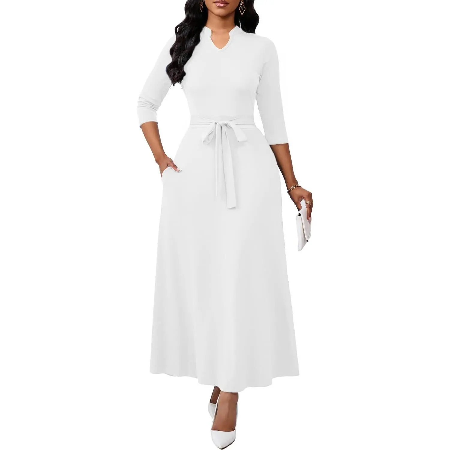 Maxi Dresses for Women Semi Formal Long Dress 3/4 Sleeve Casual A-line Church Dresses with Pockets