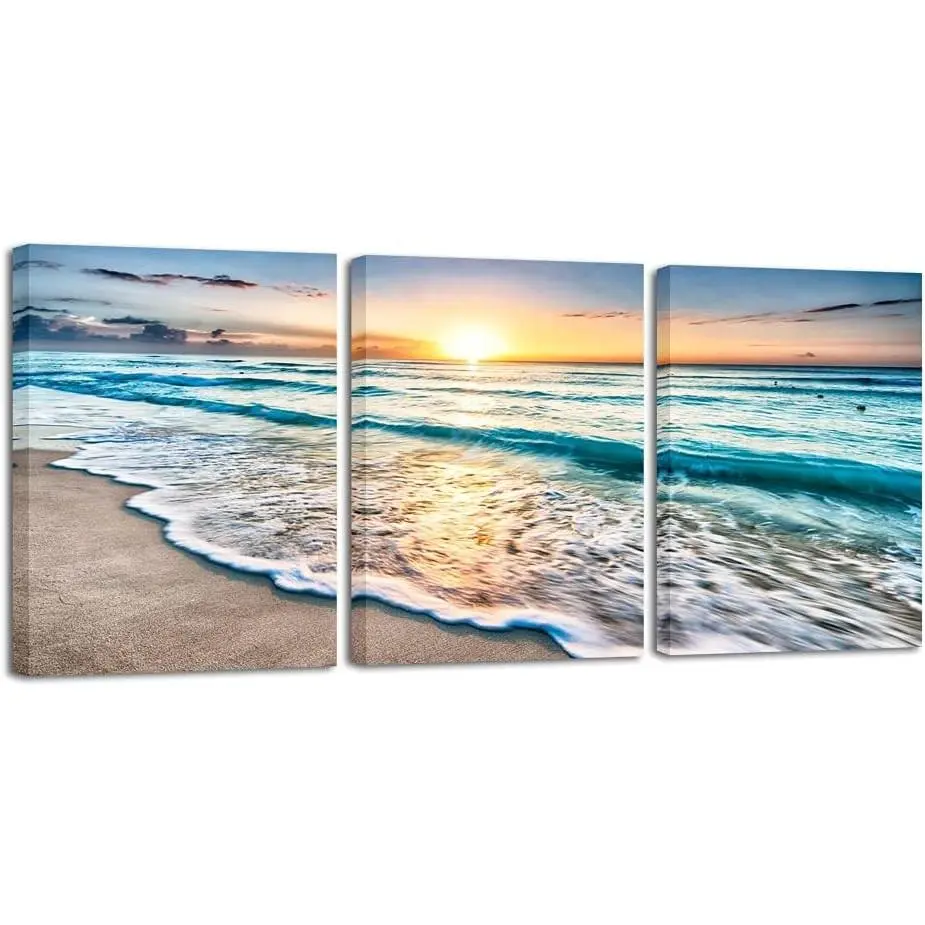 3 Panel Blue Beach Sunset White Wave Canvas Wall Art Sea View Prints Artwork for Living Room Home DecorGift