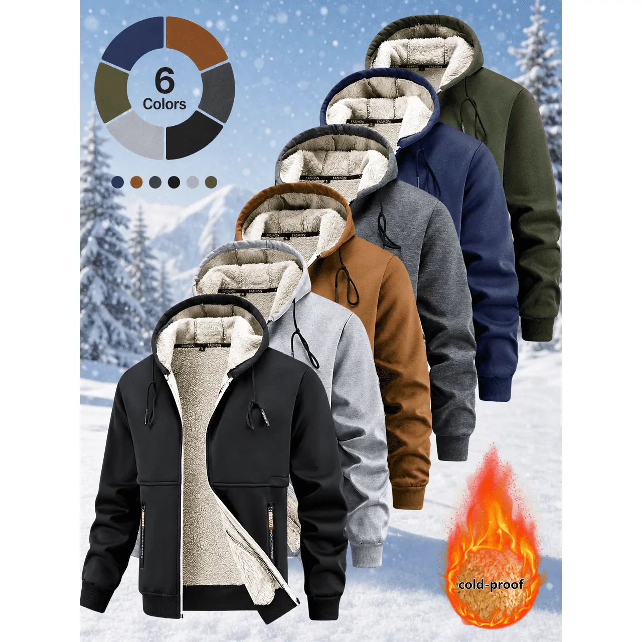 Men's Thick Sherpa-Inner Polyester Zip Hooded Sweatshirt Jacket - Warm Insulation Casual Outerwear for Winter Vacation, Outdoor Daily Use, Polyester Clothes