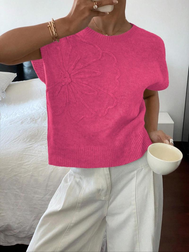 Elegant Round Neck Knit Top for Women, Spring Summer Loose Fit Sweater Vest, Casual Plain Pattern, Stylish Pullover Jacket