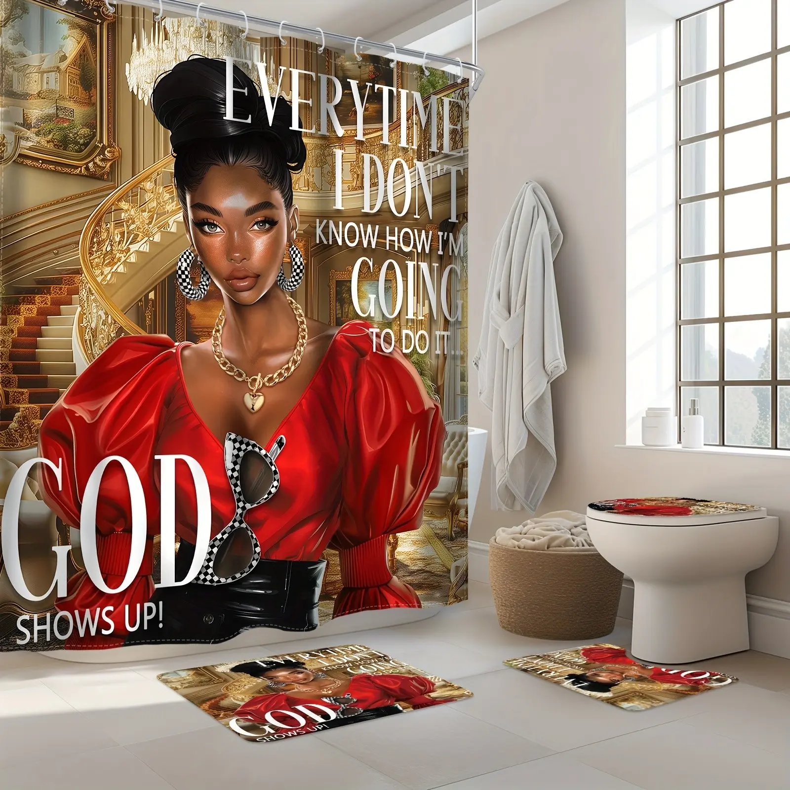 4pcs - Shower Curtain Set, African American Fashion Afro Lady Inspirational Quotes Luxury Bathroom Sets Full Set with 12 Hooks, Non-slip Bath Floor Mat, Toilet U-Shaped Mat, Toilet Seat Cover Mat, Bathroom Decor And Accessories