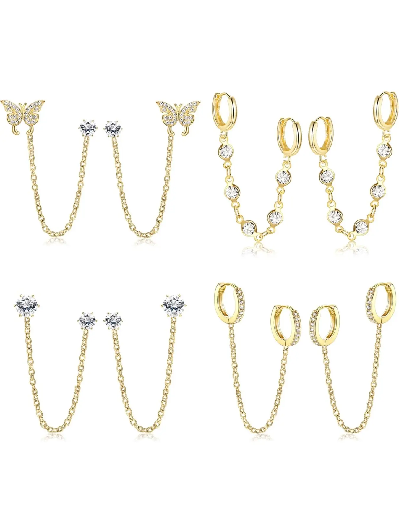 4 Pairs Trendy Chain Earrings for Women Gold Plated Double Piercing Butterfly Dangle Hoop Earrings Sparkled CZ Chain Hoop Cartilage Studs Earrings Set Drop Chain Hoops Cartilage Jewelry
