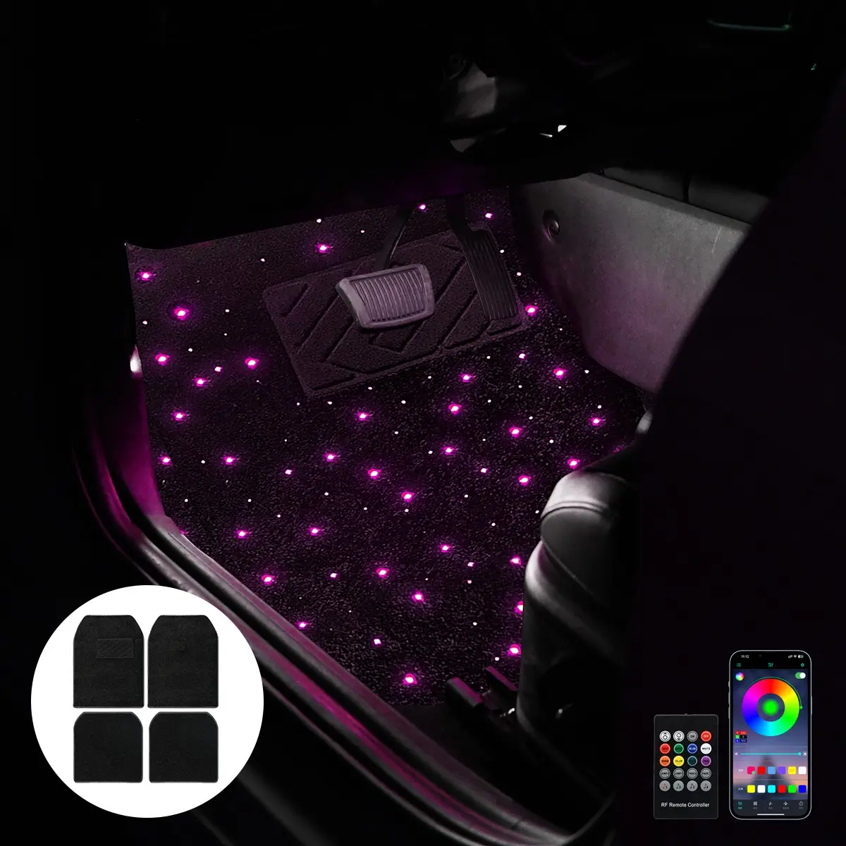 RGB Star Sky Car Floor Mat Lights, Adjustable Brightness & Dynamic Scene Modes, Bluetooth APP + Remote Dual Control Plug and Play Car Footwell Decorative Star Atmosphere Lights for Sedan SUV Truck