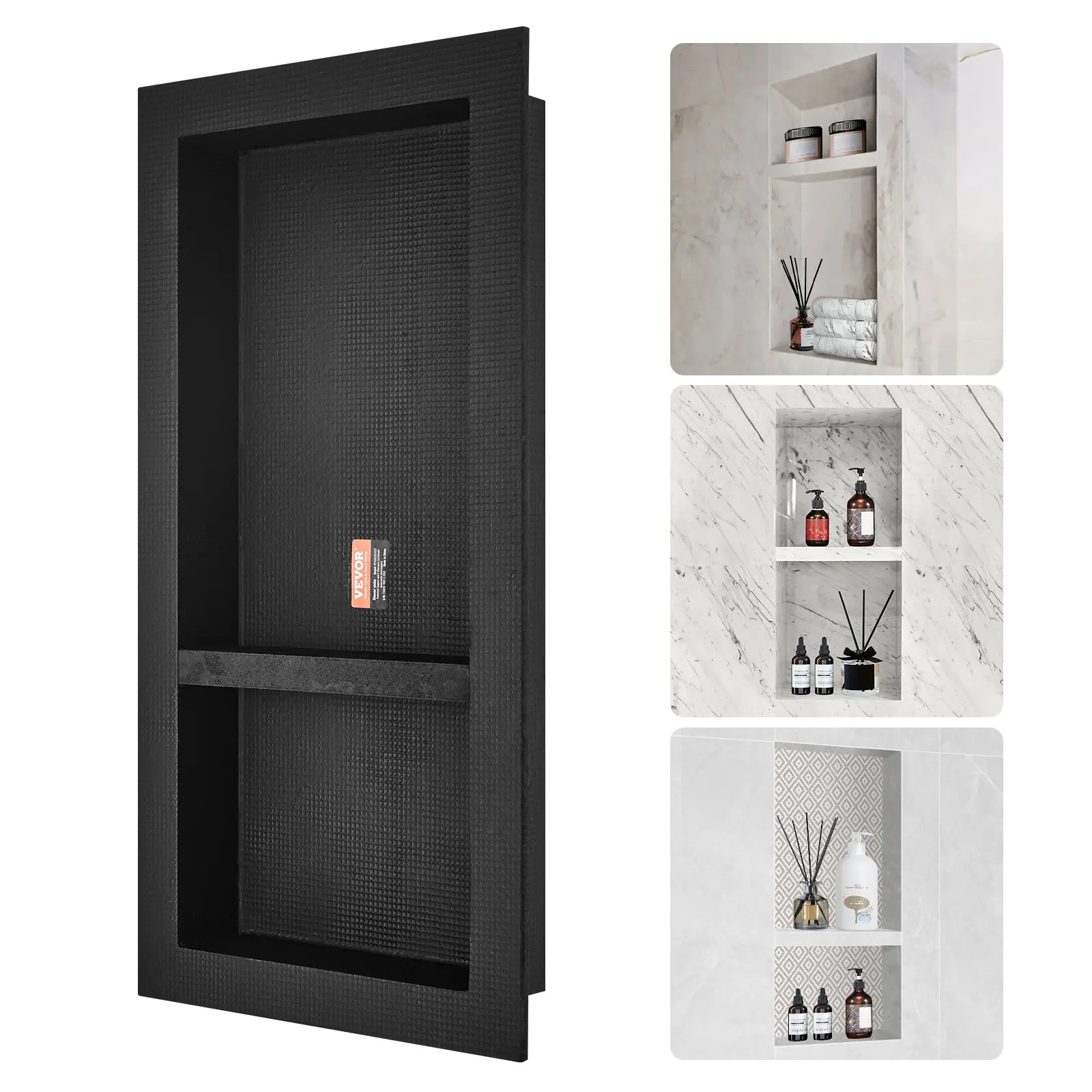 VEVOR Shower Niche Ready for Tile 16" x 32", Double Shelf Organizer, Square Corners Wall-inserted Niche Recessed, Sealed Protection Modern Soap Storage Niche for Shower Bathroom, Black
