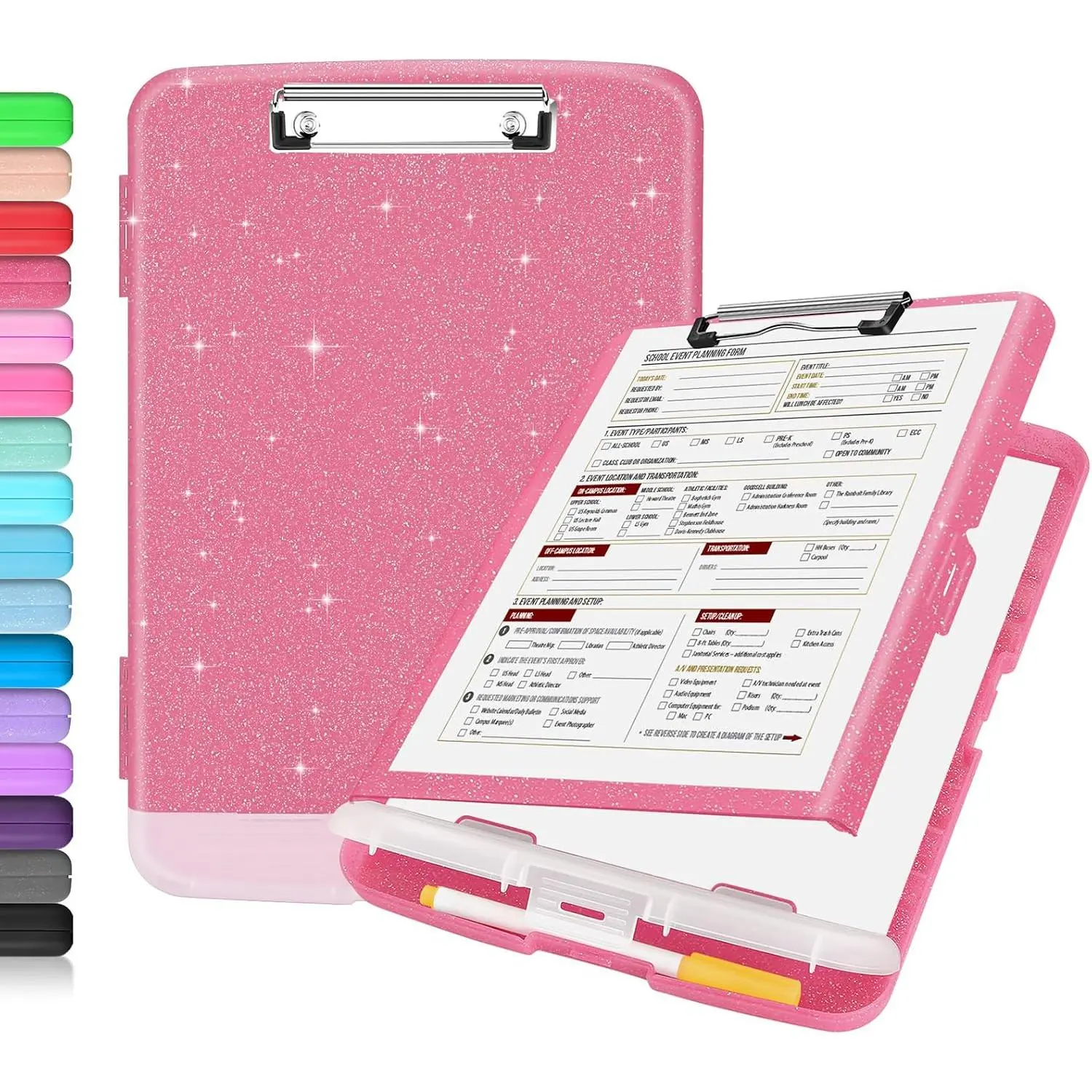 Glitter Clipboard with Storage, High Capacity Clip Boards 8.5x11 with Pen Holder, Cute Clipboards with Low Profile Clip, Sparkle Plastic Organizer Case Box for Women & Kids, Side Opening