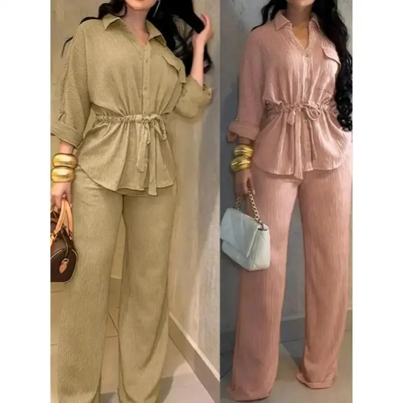 Women's 2-Piece Relaxed Fit Sportswear Set -  Open Front Collared Blouse with Button Flap Pockets + Elastic High Waist Wide Leg Pants, Textured Fabrics, Vintage Casual Commuter Lady Clothes