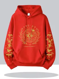 Autumn Winter Basquiat War Academy Dual Dragon Sleeve Print Hoodie, Vintage Gold Embossed Drop Shoulder Casual Sports Sweatshirt