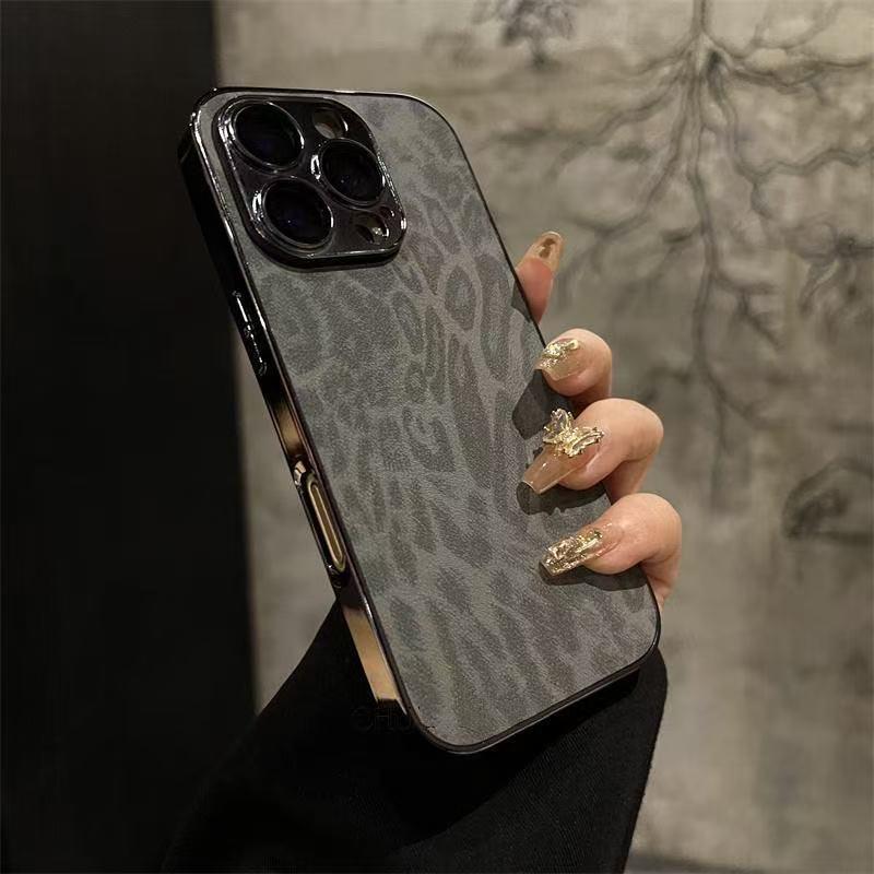 Luxury Plating Leopard Texture Leather Case For iPhone 16 15 14 Plus 13 12 11 Pro Max Lens Protection Shockproof Soft Cover Protective Smartphone