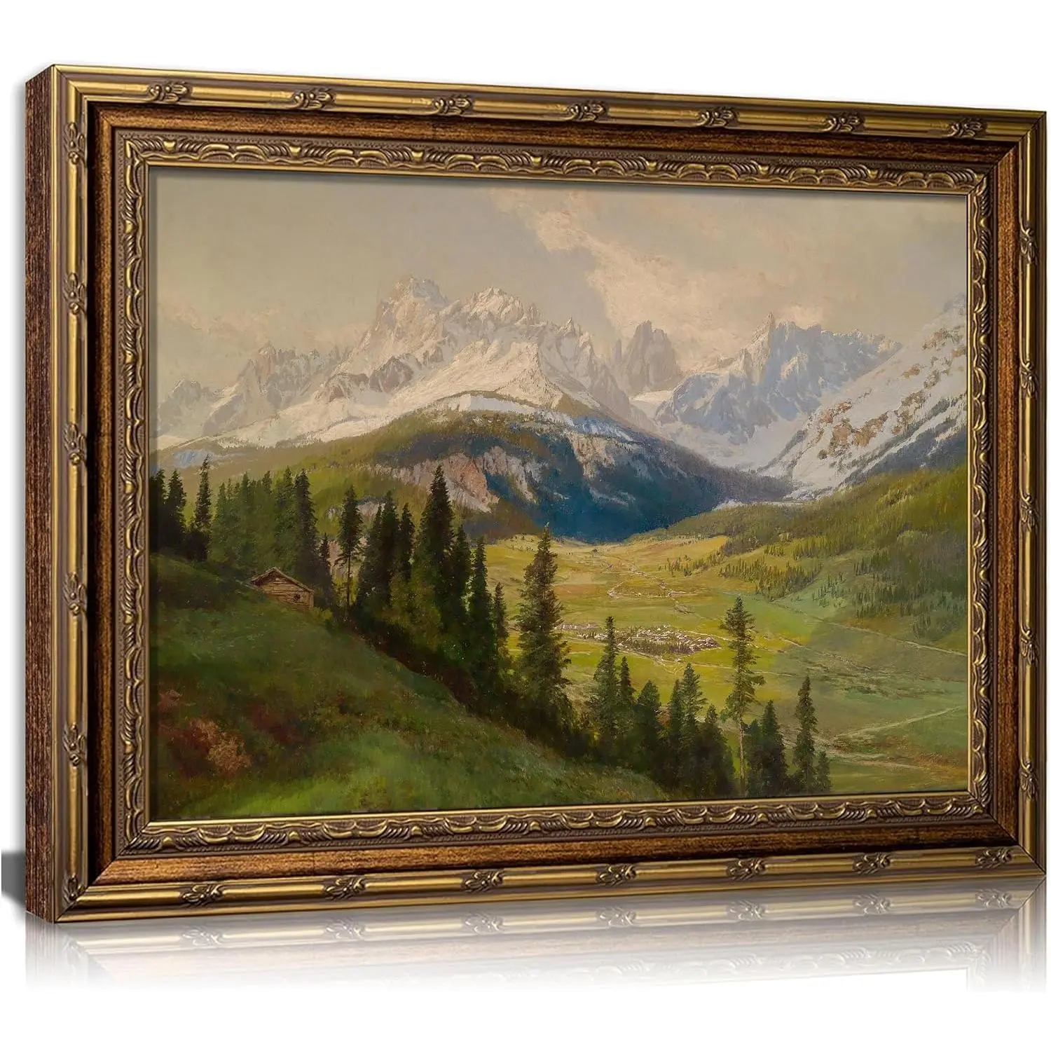 Vintage Gold-Framed Mountain Canvas Wall Art - Abstract Oil Print, Green Modern Nature Forest Scenery, 8x10/12x16" 1-Piece Cowgirl Gift, Ready-to-Hang Home Decor for Living Room, Office, One-Piece