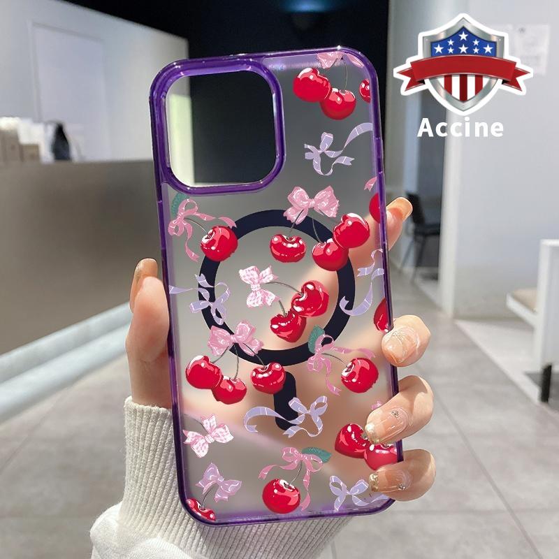 Magnetic Soft Case for iPhone 16 Pro Max 15 Plus 14 13 12 11 XS E XR Cherry - Bow Enchantment Pattern Shockproof ultra-thin Silicone Crystal Transparent Protective Cover Supports Wireless Charging