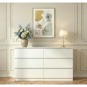 Spaco White Wooden 6-Drawer Dresser - Minimalist Drawer Tower, TV Stand Dresser, Storage Cabinet, Aesthetic Furniture for Bedroom & Living Room