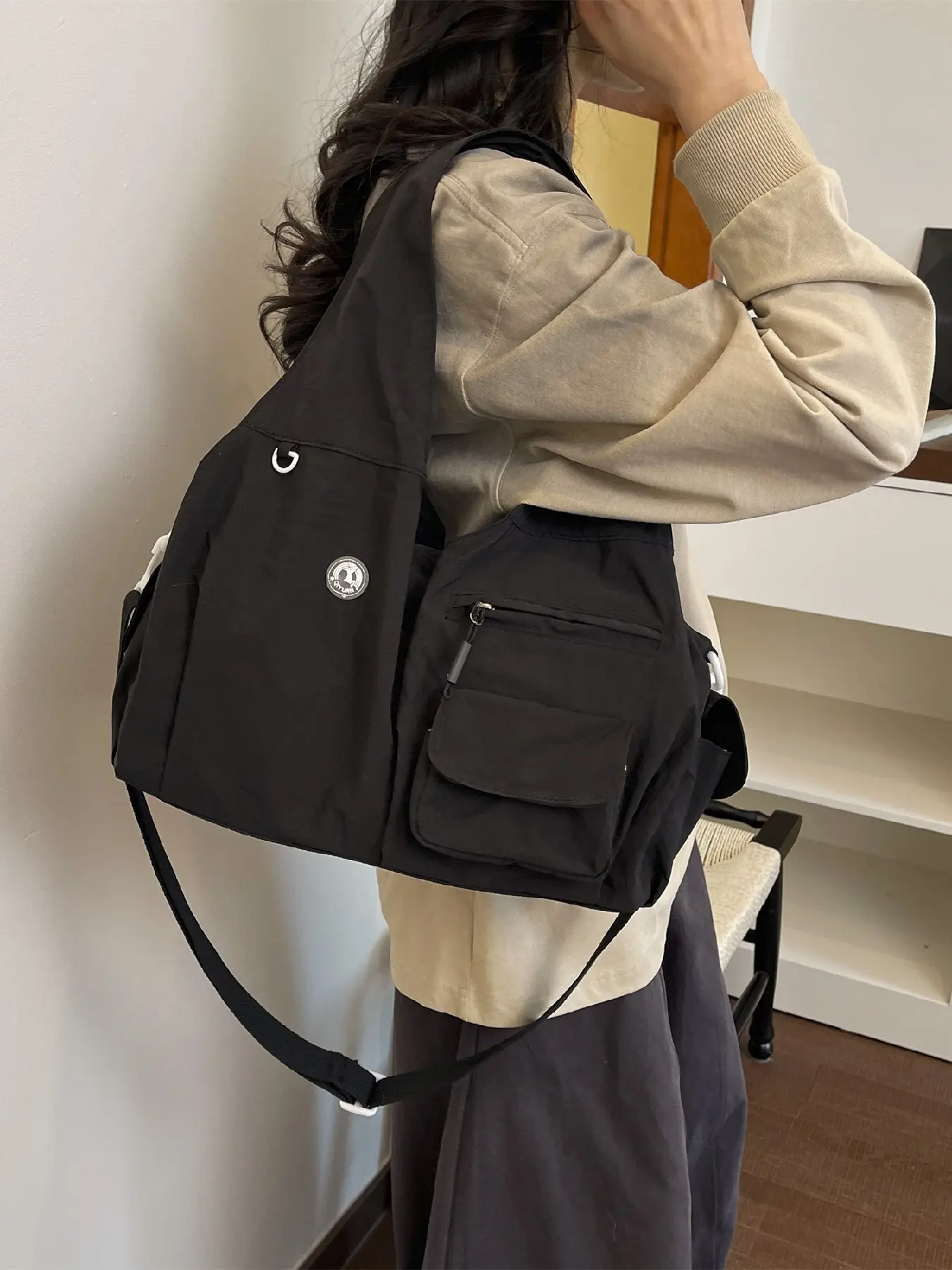 waterproof nylon commute tote bag, multi compartment zipper hobo bag, detachable wide strap crossbody purse, japanese minimalist lightweight student bag, outdoor casual multi color shoulder bag, everyday large travel shopping bag