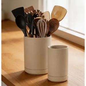 Mid Year Sale Deals For You Restock Utensil Holder 7.3" Ceramic 2-in-1 Set with Base for Countertop Cooking Utensils Crocks Kitchen Organizer Spatulas Spoons Farmhouse Decor Vintage Retro Matte Terracotta Design Gift Canister Storage summerwins