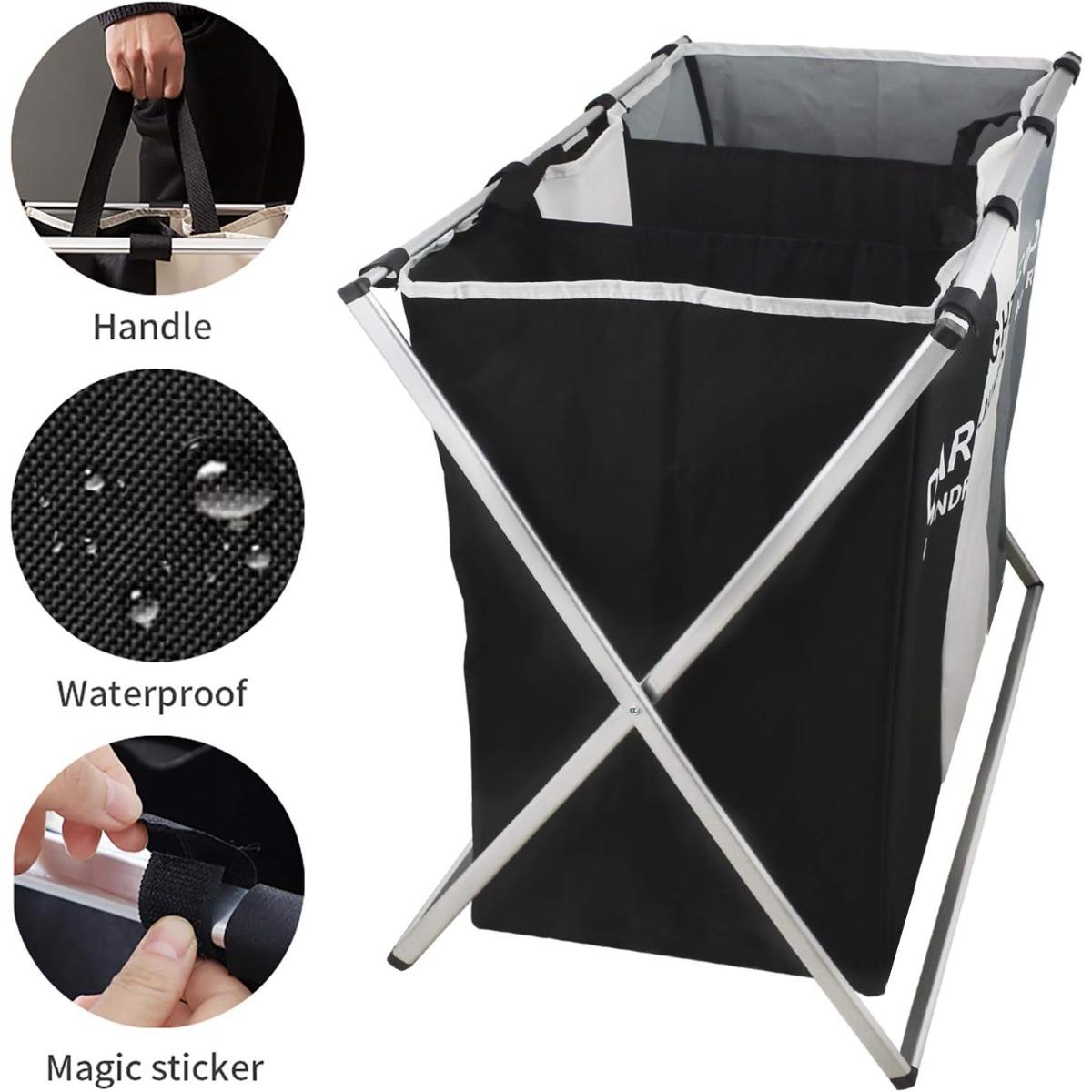 Foldable Laundry Sorter Basket 3 Section Hamper with Stainless Steel Frame for Clothes Sorting Storage Collapsible Space Saving Design Perfect for Small Apartments Laundry Room Organization