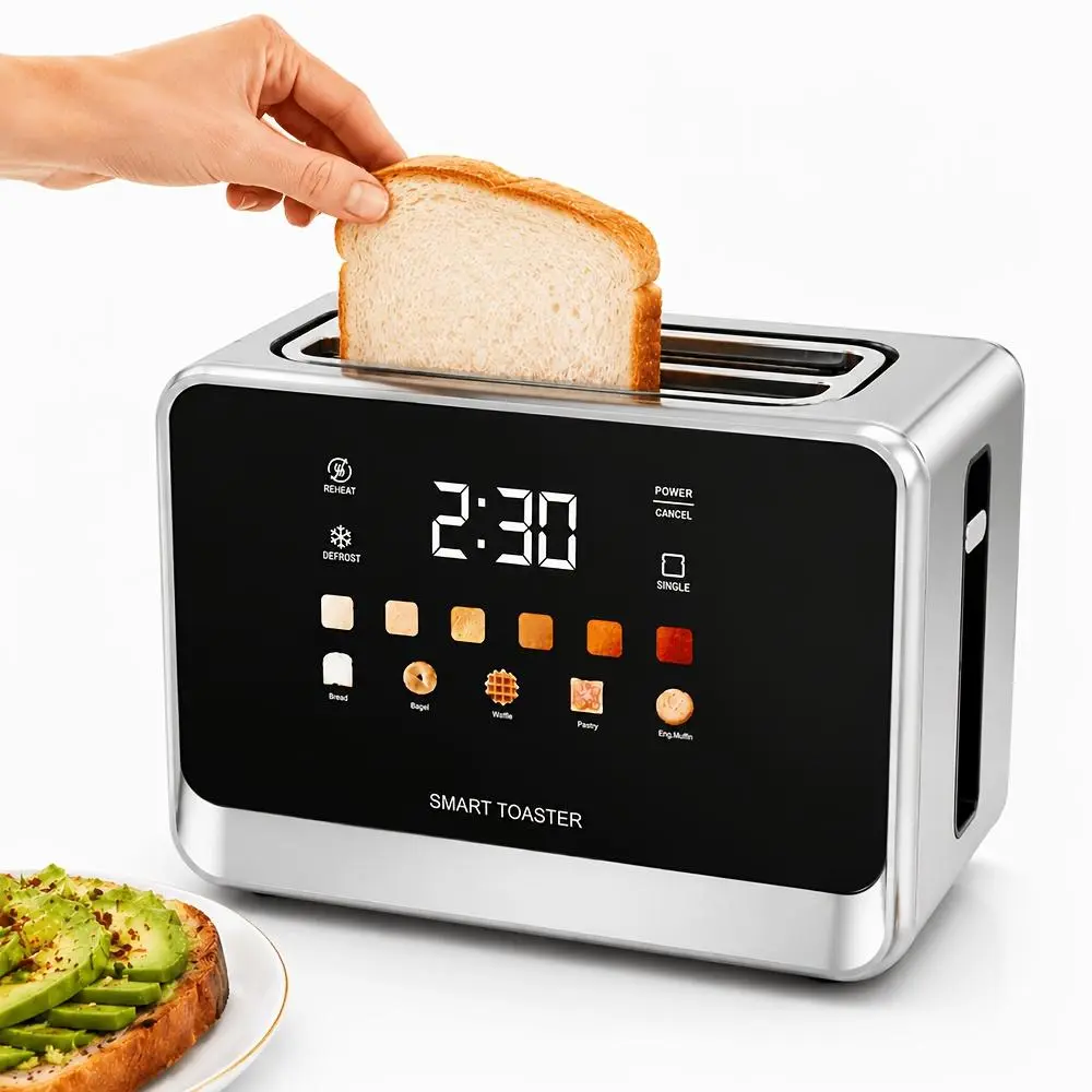 2-Slice Stainless Steel Touch Screen Toaster with LCD Digital Timer, 6 Bread Types, 6 Shade Settings, Extra Wide Slots, Bagel Cancel, Defrost Mode, Household Kitchen Appliance
