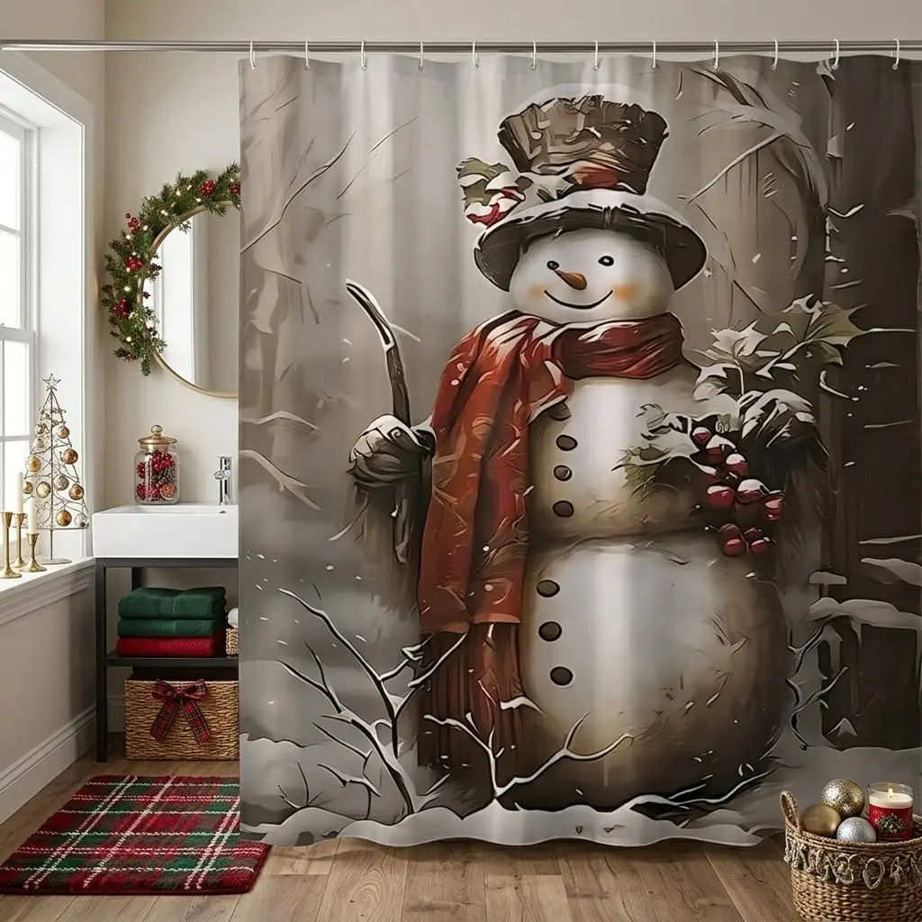 1pcs Christmas Snowman Shower Curtain, Vintage Red Scarf Snowman Holly Berry Winter Forest Bath Curtain, Xmas Snowy Woodland Art Cloth Curtain for Bathroom Decor, Warm Winter Holiday Themed Bath Accessory