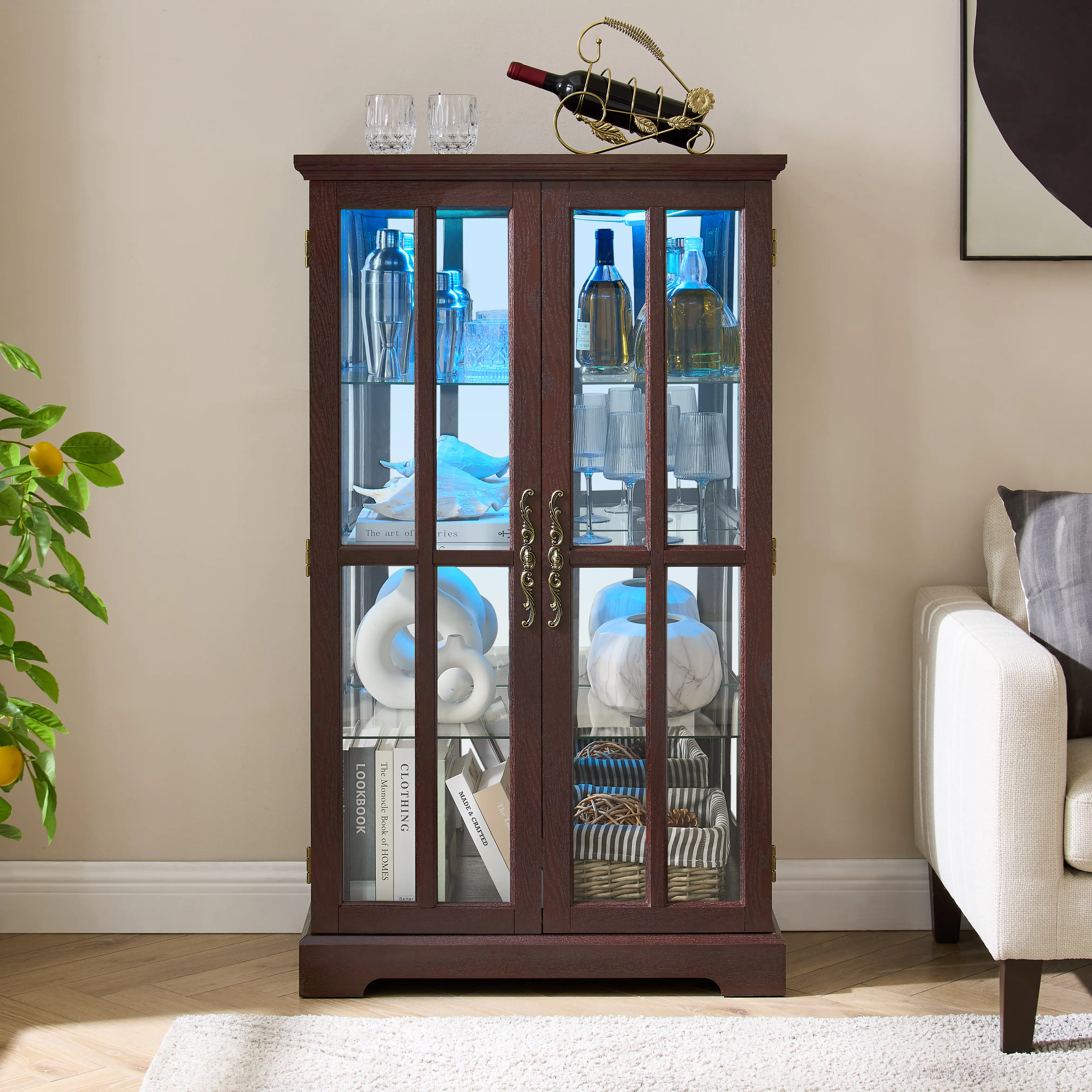 ARCH Glass Display Cabinet with Lattice Doors, Cherry Wood Grain, 3 Adjustable Glass Shelves, Tall Storage Cabinet for Living Room, Bedroom, Office, Dustproof Showcase for Collectibles, 52.8H, Cherry Color Options, Glass/MDF+Acrylic Material