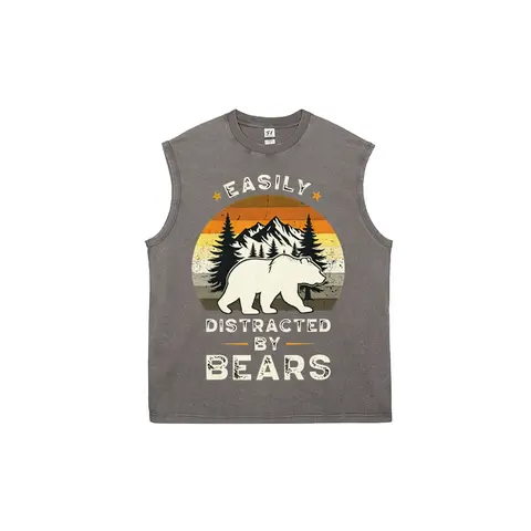 Unisex Muscle Tank Top Vintage Outdoor Bear Graphic – Acid Wash Distressed Cotton, Breathable Loose Fit Sleeveless Cut Off, Vintage Outdoor Casual Wear for Men Women, Summer "Easily Distracted By Bears" Slogan Print Crew Neck