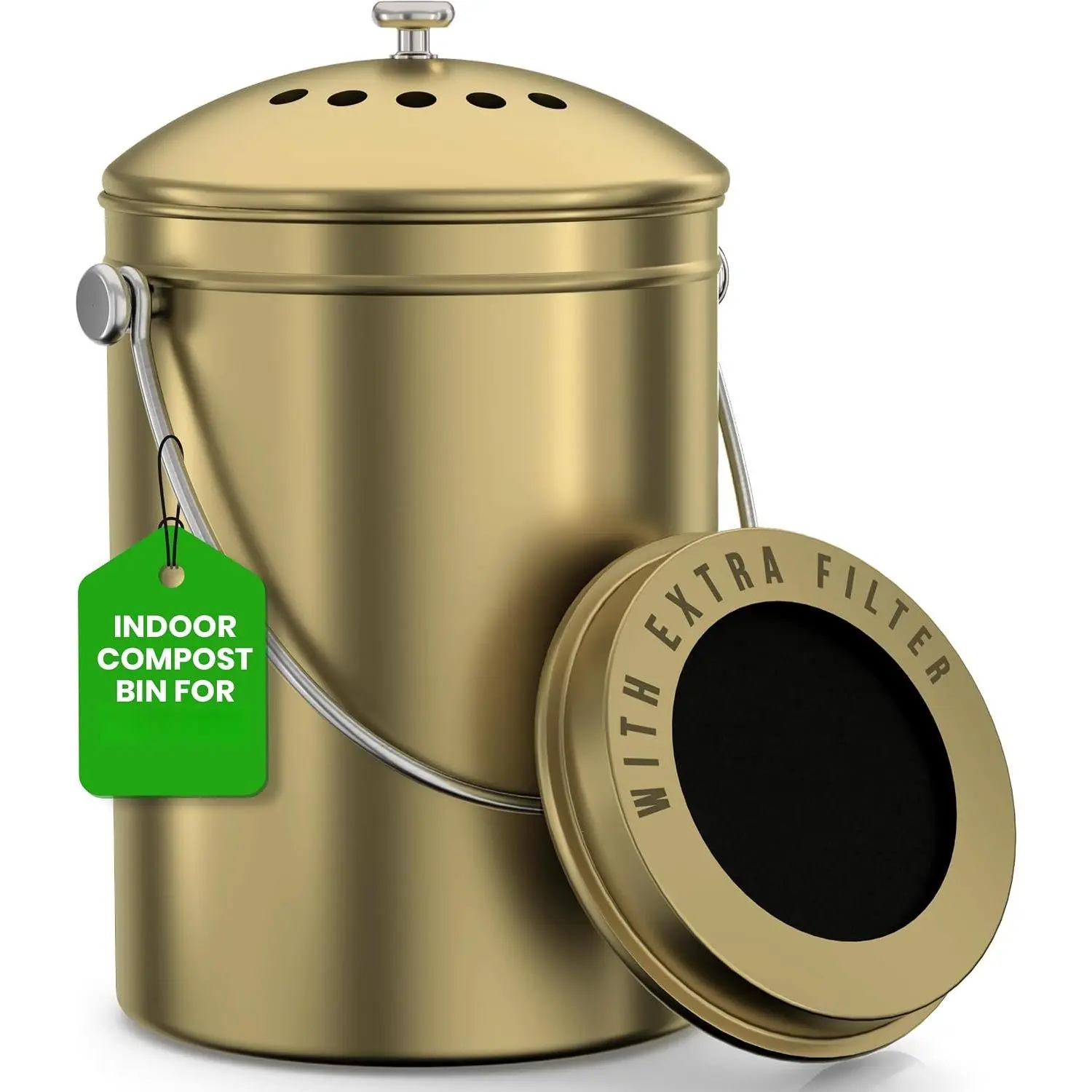 Countertop Compost Bin 1.3 Gallon, Stainless Steel,  | Odorless countertop compost bin with charcoal filter, ideal for  scraps and