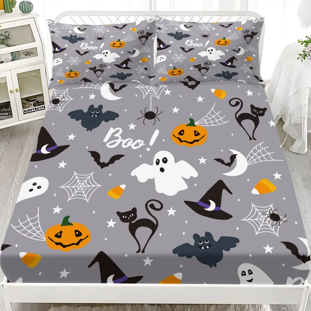 Halloween Bed Sheet Set, 1 Mattress Cover + 2 Pillowcases, Deep Fit High Elasticity, Pumpkin Ghost Cat Bat Spider Web Print