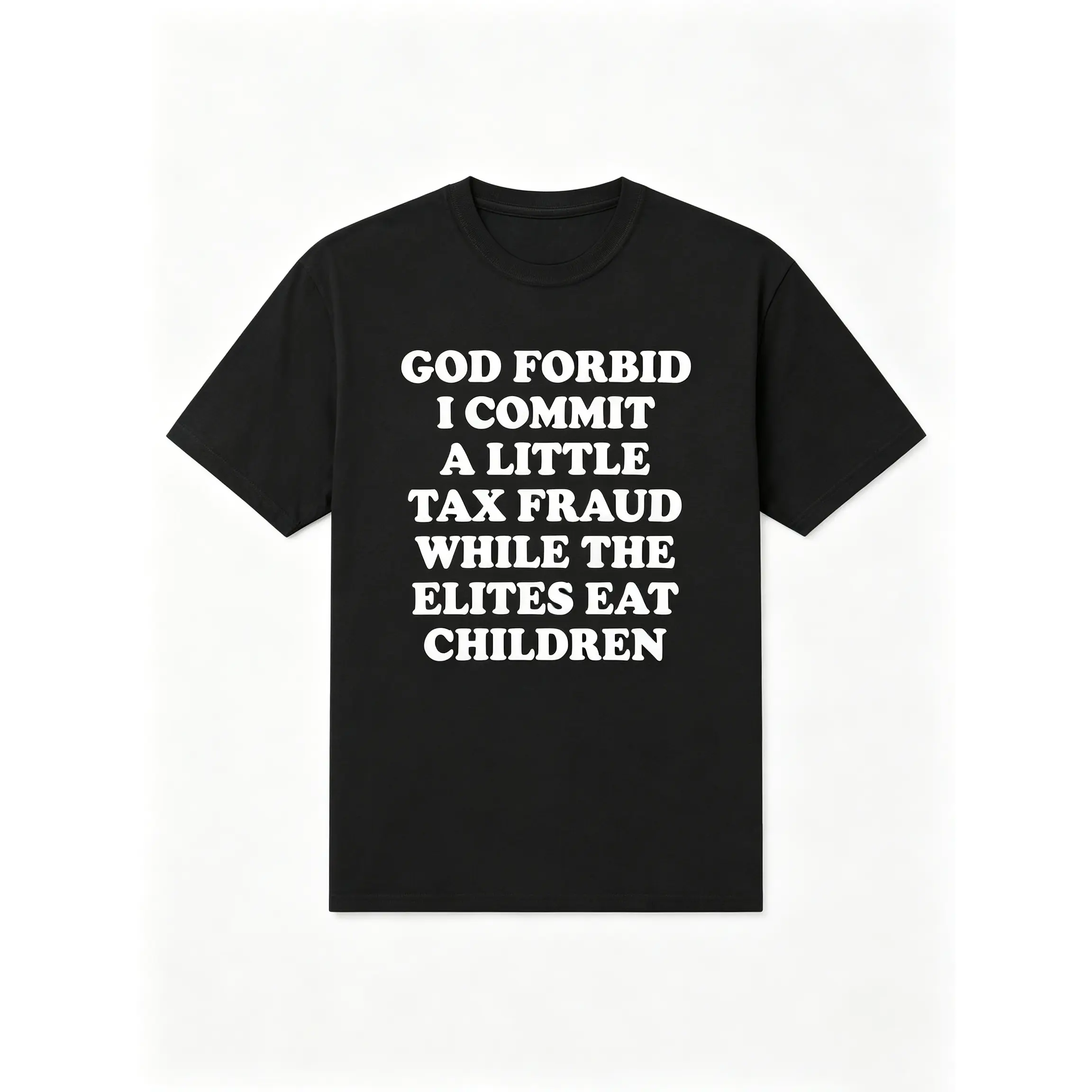 Graphic Cotton Twill T-shirt with Funny "Tax Fraud" Quote, Unisex Relaxed Fit Shortsleeve Round Neck Top, Fade-Free Print