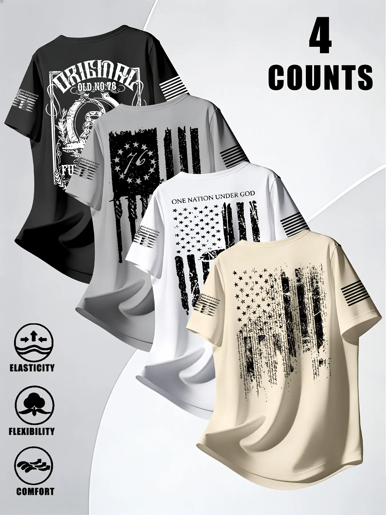 Large Size Men's 4-Pack 100% Cotton Loose Fit Baggy Casual T-Shirts, Vintage Washed American Flag Back Graphic Print Short Sleeve T-Shirts