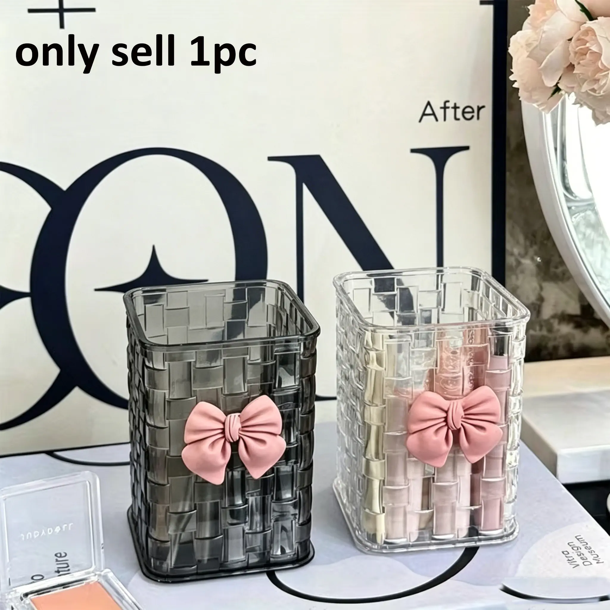Transparent acrylic makeup brush holder + bow tie, creative makeup storage bucket, lipstick and pen organizer box, desktop decorative cosmetics storage box, Cosmetic Organizers, Clear Storage, Container Organizer