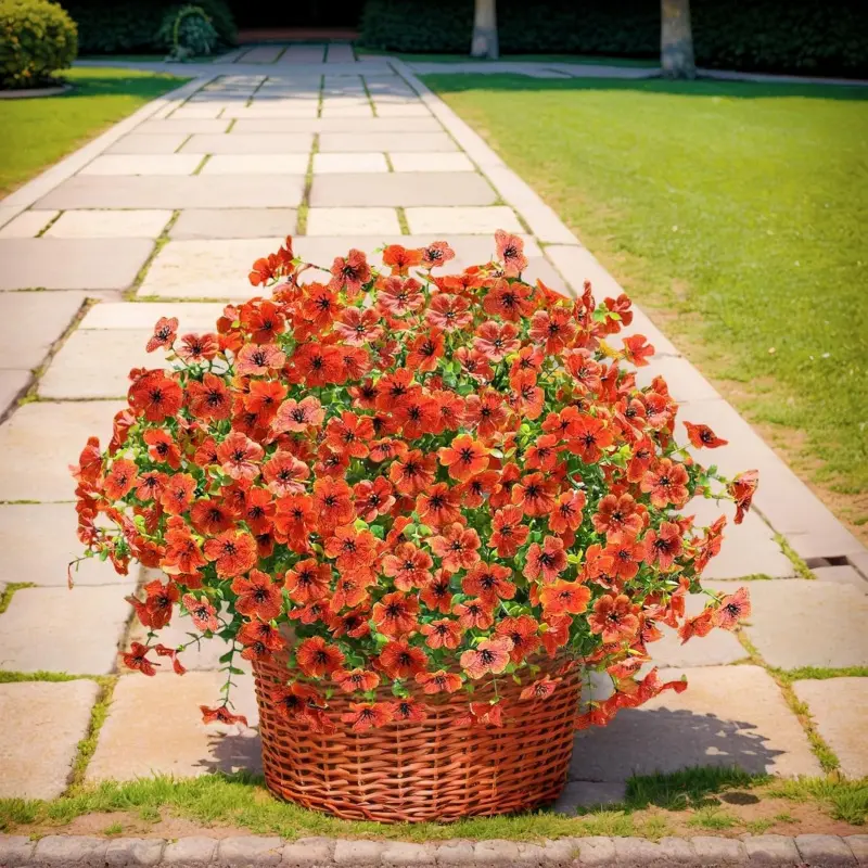 12 Bundles Orange Artificial Flowers with Eucalyptus - UV Resistant Faux Silk Violet Bouquets for Outdoor Porch, Garden, Patio & Fall Decor, No Watering Needed, All-Weather, Fade Proof
