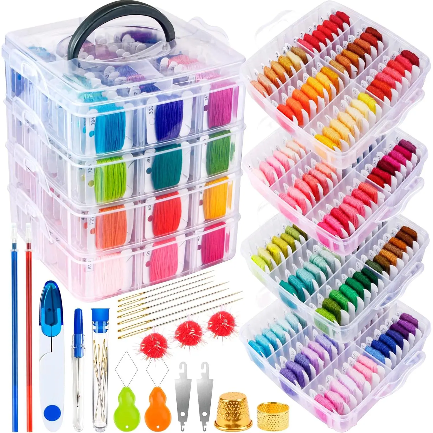 262 Pack Embroidery Thread Floss Kit Including 200 Colors 8 M/Pcs   Sewing Thread with Floss Bins and 62 count   Tool,4-Tier Transparent Storage Box
