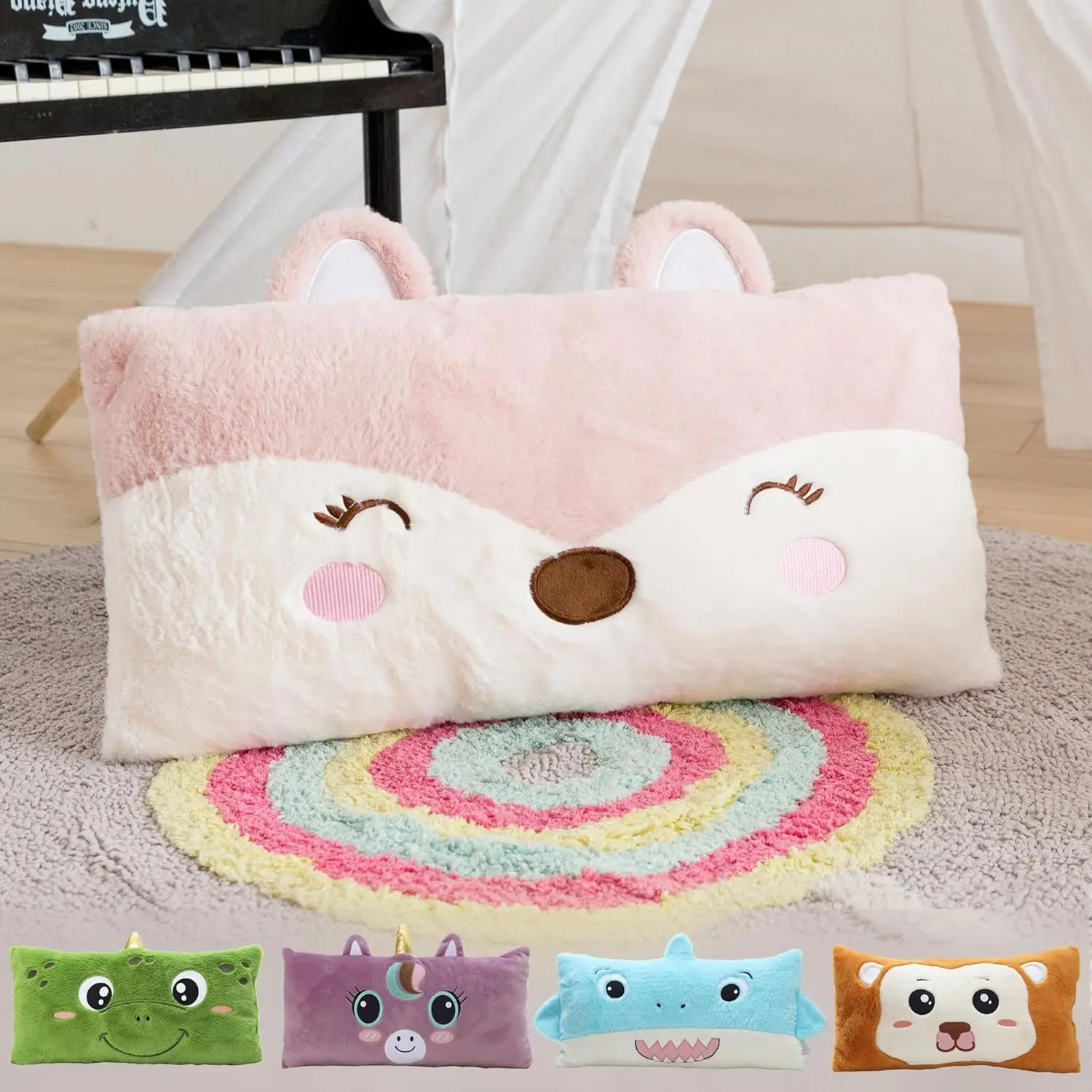 Animal Lumbar Pillow, Soft Plush Cuddle Throw Pillow for Kids, Cute Fox Pillow, 12 x 24 Inches, Pink, Ivory