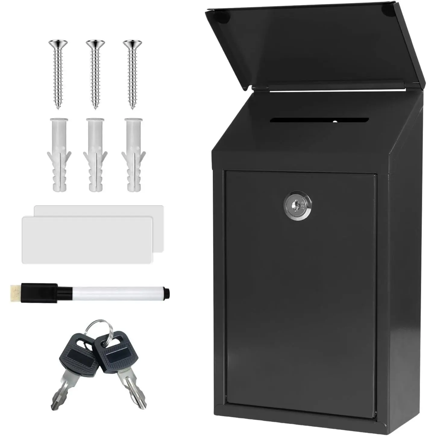 Metal Cash Box 10.2" with 2 Magnetic Whiteboards, Black Money Box | 2 Reusable Magnetic Boards, 1 Dry-Erase Marker, Waterproof Lid, 3.94in Slot, Wall-mounted, 3 Keys for Farm Stands & DonationGift