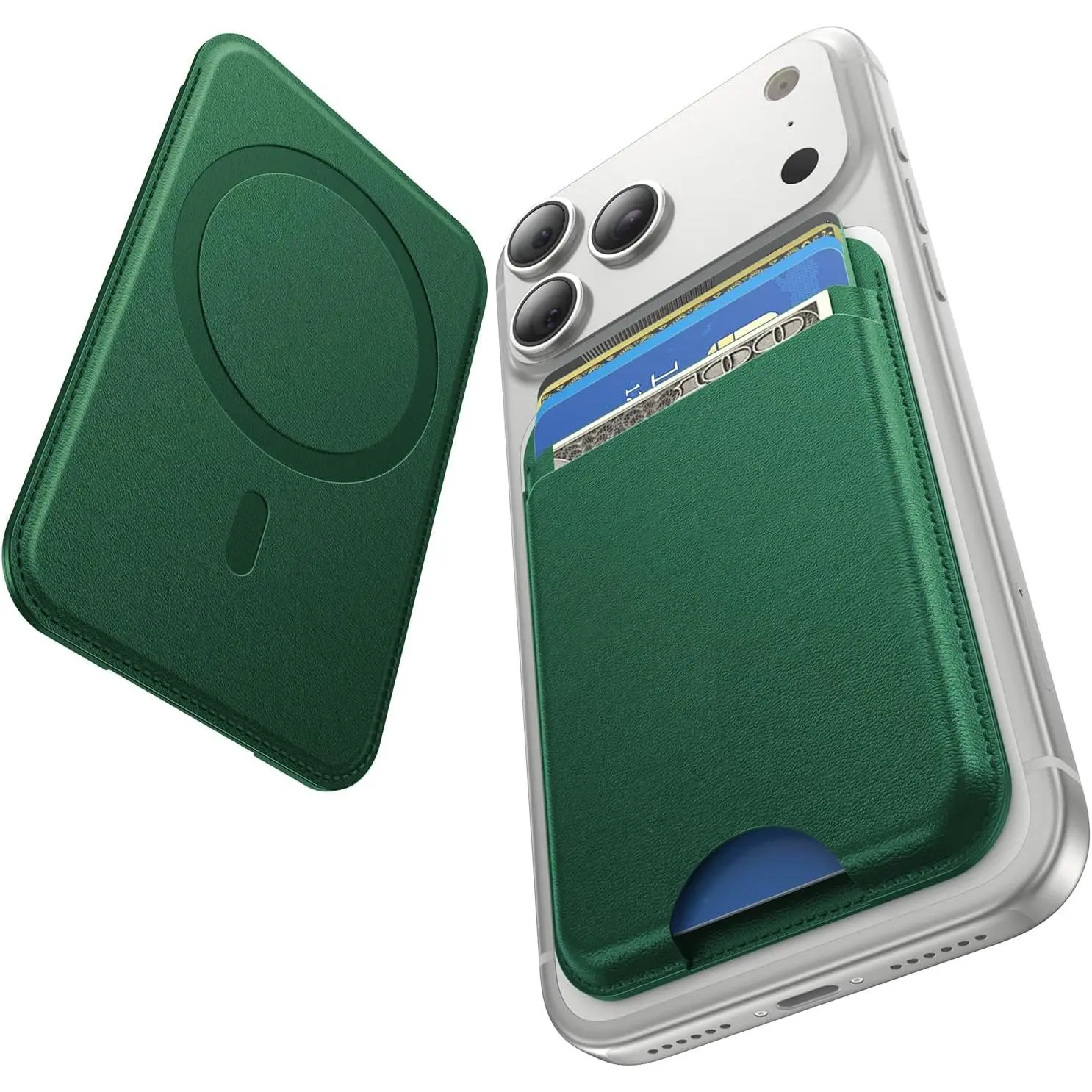 MagSafe Leather Phone Wallet - Slim 5-Card Holder with 1 Card Slot & 1 Extra Slot for iPhone 17/16/15/14/13/12 Pro, Pro Max, Plus, Air Series, Green