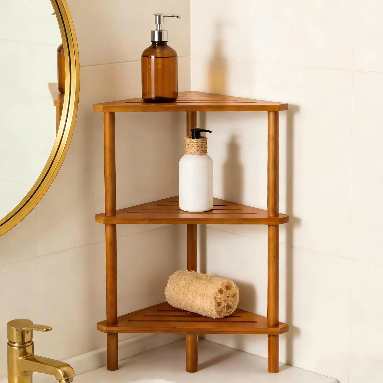 3-Tier Free Standing Corner Shower Caddy, Bamboo Wood Bathroom Shower Shelf for Inside Shower Organizer & Storage Foot Rest Shower Stool