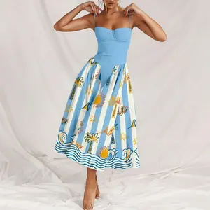 Women's Sweetheart Neck Corset Midi Dress, Spaghetti Strap Tropical Print Flared Skirt for Summer Beach
