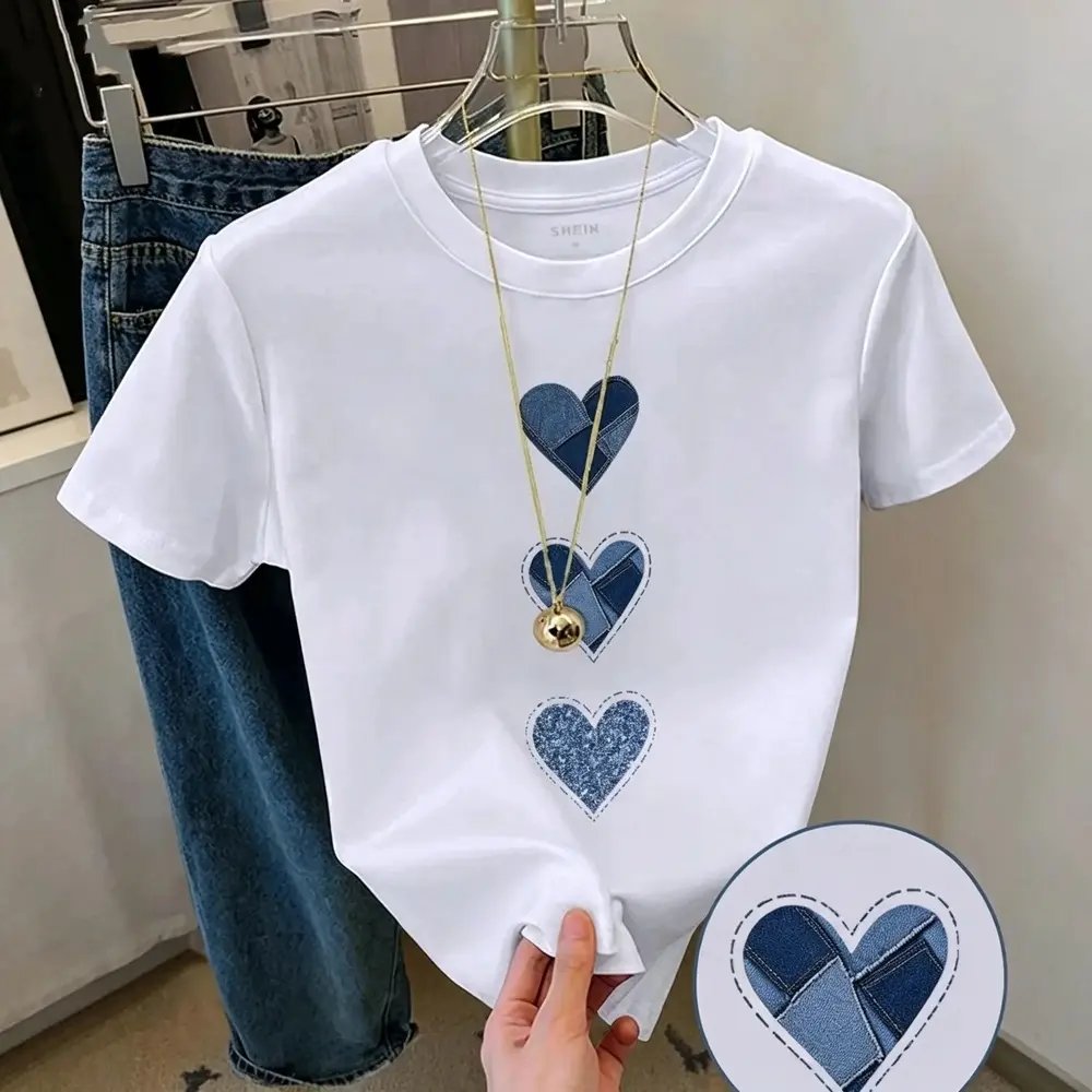 Shirts for women with Cute Denim Heart Graphic, Trendy Crew Neck Shortsleeve Top, Versatile Women's Clothes for Lady, Tshirt
