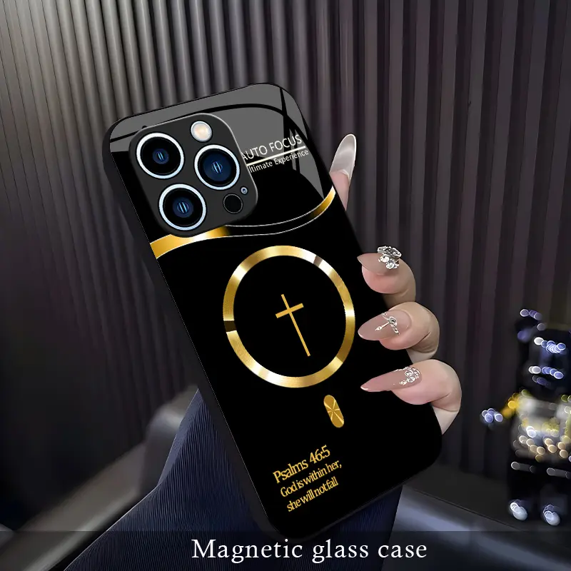 For iPhone 13 Pro Max God's Plan Psalms 46:5 Cross Magnetic Glass Case, Faith Floral Design, MagSafe-Compatible Wireless Charging, Shockproof Protective Cover.XS9527